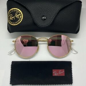 Ray Ban Round Metal Flash Sunglasses RB3447 112/Z2 Gold Frame Pink Lenses